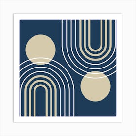 Mid Century Modern Geometric B33 In Navy Blue And Beige (Rainbow And Sun Abstract) 02 Art Print