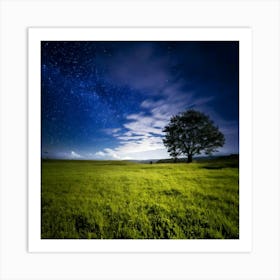 Firefly 8k, Top Quality, Live Action, Center, Night Sky, Darkness, Meadow, Plateau, Single Tree, Sea Art Print