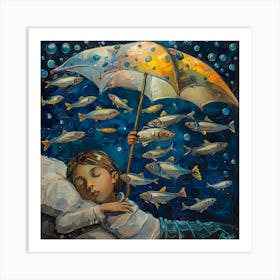 Sardines and Yellow Umbrella Surreal Moment Art Print