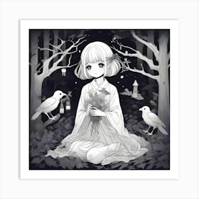 Manga Girl With Birds In The Forest Art Print