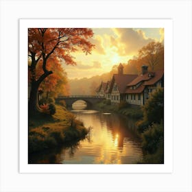 Golden Autumn Evening Over A Tranquil, Quaint Village 1 Art Print