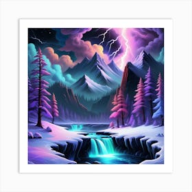 Winter Landscape With Lightning 1 Art Print