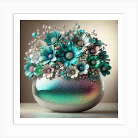 Shiny Teal Vase Of Flowers Art Print