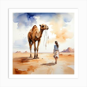 Watercolor Girl And Camel In The Desert Art Print