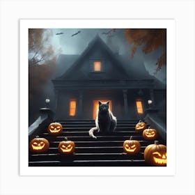 Halloween Cat In Front Of House 8 Art Print