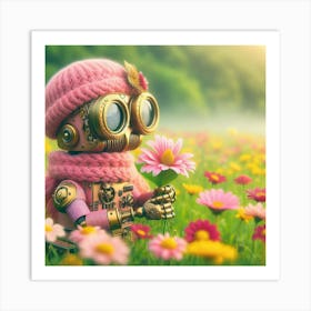 Pink Robot In A Field Of Flowers Art Print