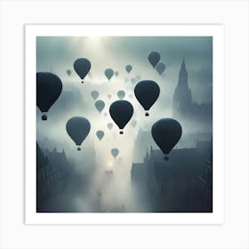 Several Black Hot Air Balloons Floating Above A Foggy Cityscape With A Church Spire Visible In The Background Art Print