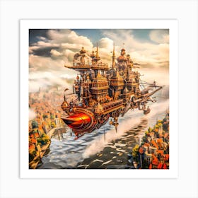 Steampunk airship cruising the river. Art Print