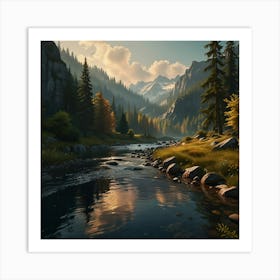 Photo Of Ultra Realistic Insane Illustration, A Landscape That Transmits Peace And Calm The Background Is Wooded And Colorful A River In The Foreground Fairy Tale Style Art Print