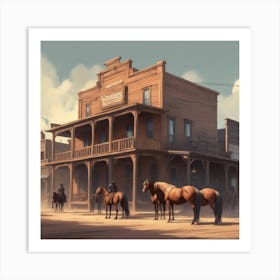 Horses In A Western Town Art Print