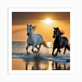 A White Horse And A Black Horse Run On The Sea And The Sun Is Golden In The Sunset Be Reflected In(1) Art Print