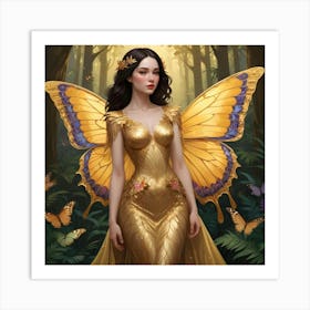 A Young Woman With Dark Hair And Golden wings Art Print