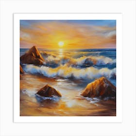 The sea. Beach waves. Beach sand and rocks. Sunset over the sea. Oil on canvas artwork.19 Art Print