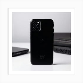 Black Leather Phone Case Exuding Sleekness Positioned Centrally On A Sparse White Workspace Natura Art Print