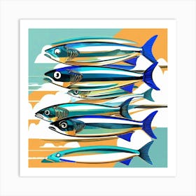 sardines blue orange print Art Print