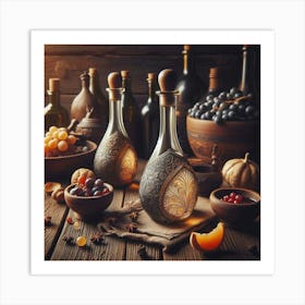 Wine Bottles On Wooden Table Art Print