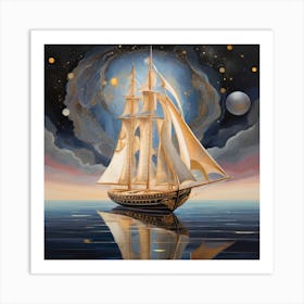 Sailing Ship At Night Art Print