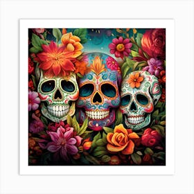 Maraclemente Many Sugar Skulls Colorful Flowers Vibrant Colors 4 Art Print