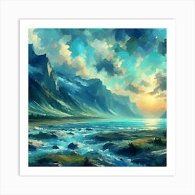 An Impressionist Seascape With A Color Palette Of Blues And Greens Art Print