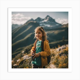 Little Girl With Camera In Mountains Art Print