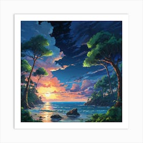 Serene Sunset View Through a Lush Forest by the Seashore at Dusk Art Print