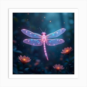 An Abstract Dragonfly With Wings Of Shimmering, Neon Light Fluttering In A Cosmic Garden Art Print