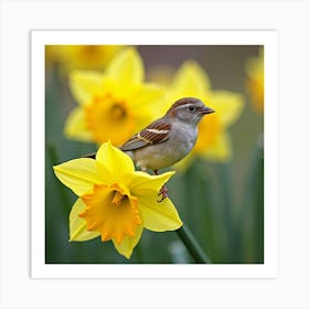 Sparrow Perched On Daffodil 1 Art Print