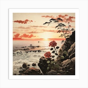 Leonardo Diffusion Xl A Rose Sitting On A Rocky Shore At Sunse 1 Art Print