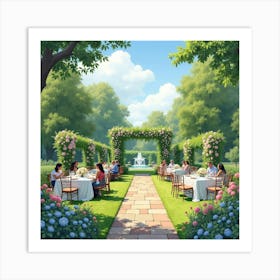 Lush Garden Party In Summer, Watercolor With Elegant Tables And Guests 1 Art Print