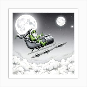 Alien Santa Claus in UFO Sleigh - Drawing Art Print