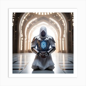 A 3d Dslr Photography Muslim Wearing Futuristic Digital Armor Suit , Praying Towards Masjid Al Haram, House Of God Award Winning Photography From The Year 8045(2) Art Print