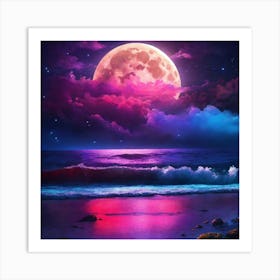 Full Moon In Starry Night Sky Over The Ocean Art Print