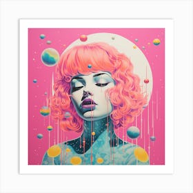 Surreal Space Girl & Planets, Bubblegum Colours Art Print