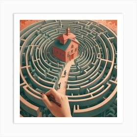 A Hand Drawing A Labyrinth With A Red Building At The Center And Two People Walking The Path Towards It Art Print