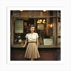 Vintage Inspired Photograph Young Lady Positioned In Three Quarter View Poised Elegantly Beside An Art Print