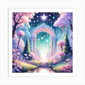 A Fantasy Forest With Twinkling Stars In Pastel Tone Square Composition 163 Art Print