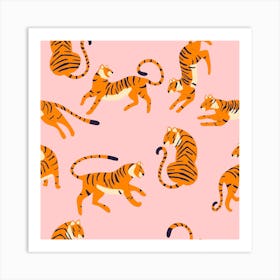 Tiger Pattern On Pink Square Art Print