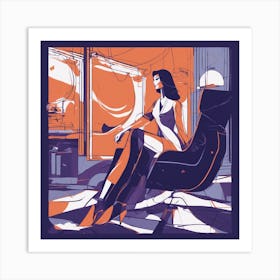 Drew Illustration Of Woman On Chair In Bright Colors, Vector Ilustracije, In The Style Of Dark Navy (3) Art Print