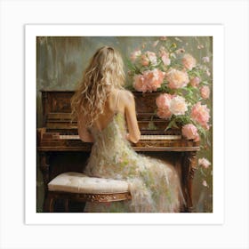 Woman With Blonde Hair At Ornate Piano In Floral Dress Art Print