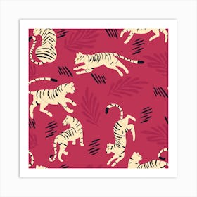 Cream Tiger Pattern On Viva Magenta Square Art Print