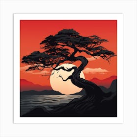 Japanese Style Tree Silhouette Over Moonlit Sea Art Print