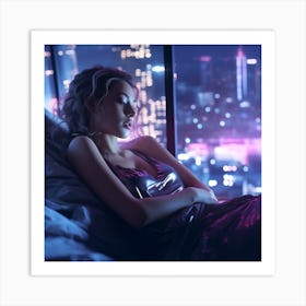 Young Woman Sleeping In Bed At Night Cyberpunk style Art Print