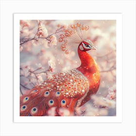 Peacock In Cherry Blossoms Art Print