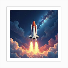 Watercolor Space Shuttle In A Cosmic Storm Backdrop 1 Art Print