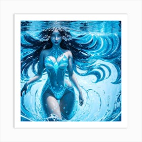 A Visual Wave And Drop Portrait Of A Water Wixen Diving Into The Ocean In Blue Art Print