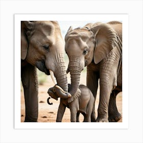 A touching scene of an elephant mother tenderly protecting her calf Art Print