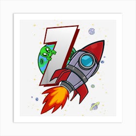 Kids Ich Bin 7 Rocket And Alien 7th Birthday Party Art Print