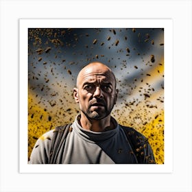 The Image Depicts A Man With A Shaved Head Standing In Front Of A Yellow Background Filled With Bees 2 Art Print
