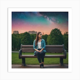 A Girl Is Sitting On Bench In A Park Art Print