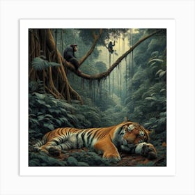 Tigress lying fast asleep in the jungle  Art Print